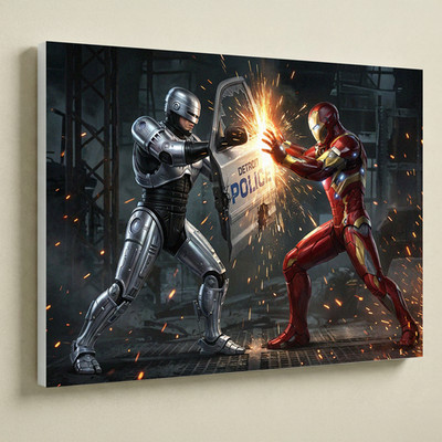 Robo Cop vs Iron Man Canvas UV Print 16x12 Retro Vintage Fan Wall Art Decor