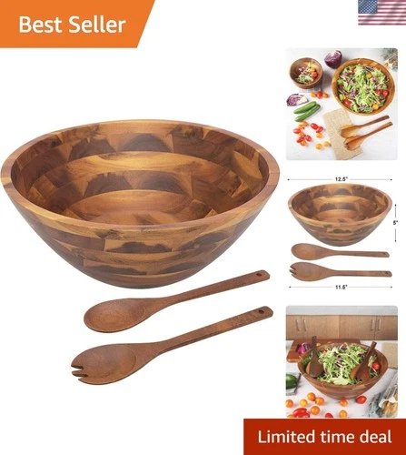 Classic 12.5" Acacia Wooden Salad Bowl Set - Perfect for Dining & Entertaining