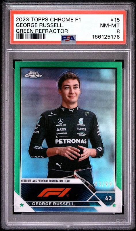 2023 George Russell #15 F1 Green Refractor PSA 8 Topps Chrome F1 Numbered /50 SP