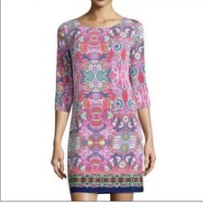 Pink Multicolor Geometric Shift Dress Boat Neck 3/4 Sleeve Short