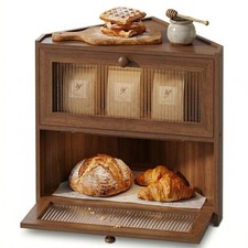 Brown 2 Tier Bamboo Corner Kitchen Bread Box Storage Wooden Bamboo Kitchen