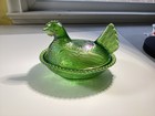 Vtg Indiana Carnival Glass Hen On Nest Lime Green Iridescent NICE! Color #7643