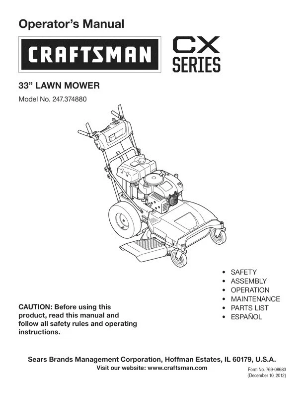Owner s Manual Parts Sears Craftsman CX Series 33 Lawn Mower