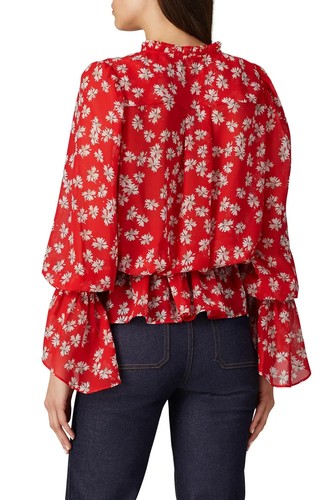 Derek Lam Collective Women Size 40 US 4 Red Floral Long Sleeve Blouse Tie Waist - Picture 2 of 24