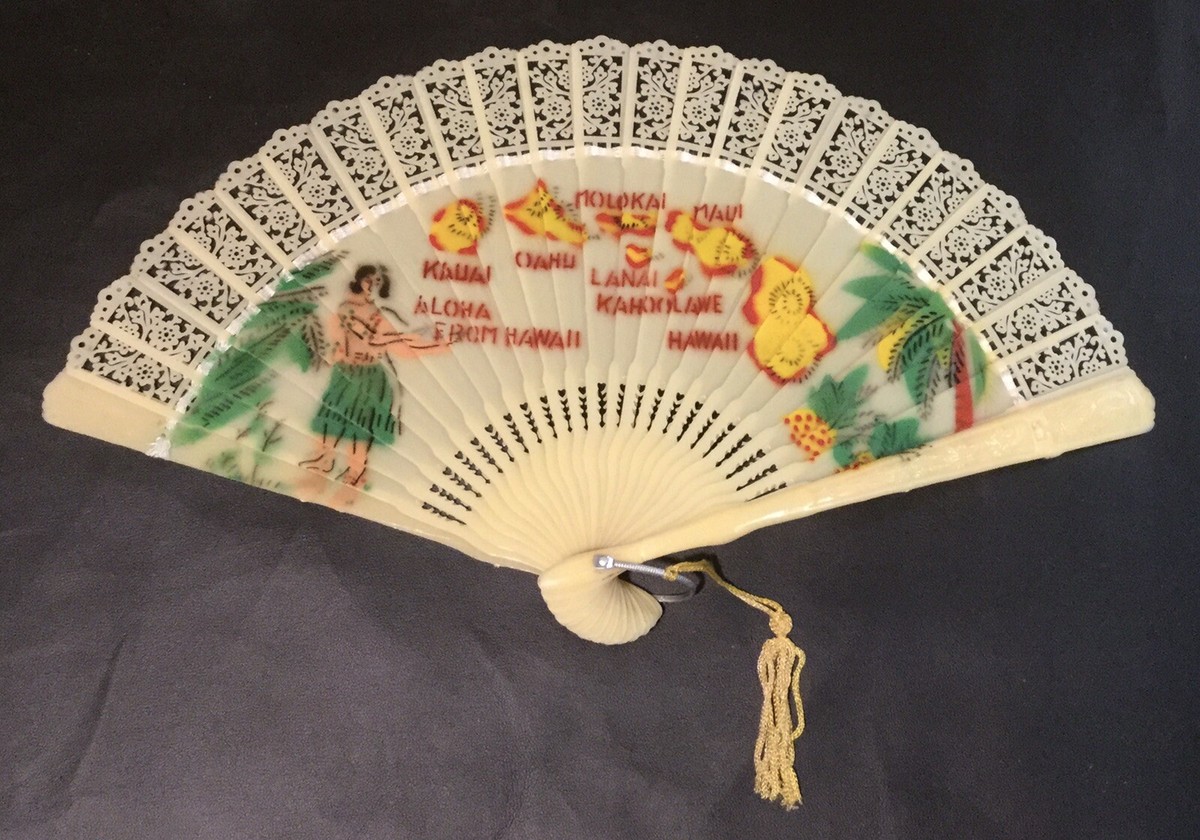 ビンテージ　
貴重　豚革　シングルライダース Vintage Hawaii Hawaiian Islands Celluloid Souvenir Hand Folding