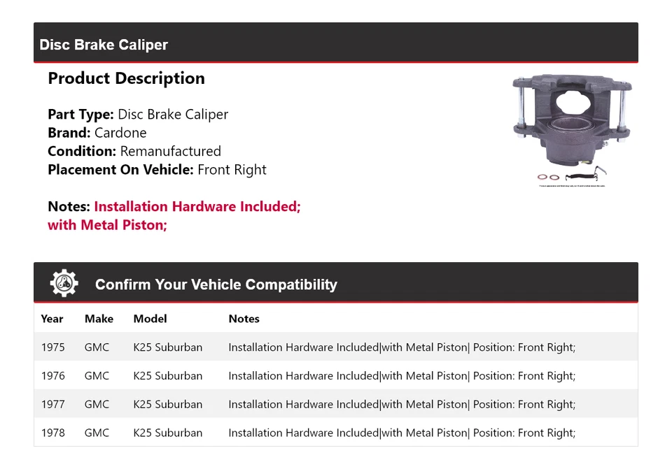 For 1975-1978 GMC K25 Suburban Disc Brake Caliper Front Right Cardone 1976 1977 - Image 2 of 4