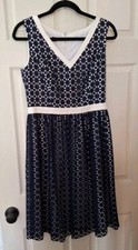 Anne Klein Womens Sleeveless Dress Navy Ivory Cut Out Fit & Flare Size 6