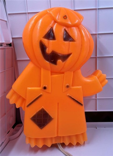 Vintage Halloween Blow Mold Lighted Pumpkin Head Scarecrow guy double sided RARE - Picture 6 of 6