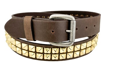 Brown TWO Row GOLD Pyramid Stud Belt Leather Handmade  display picture 3