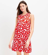 LOFT Knit Swing Dress Womens XS Floral Ruched-Neck Flounce-Hem Sleeveless New