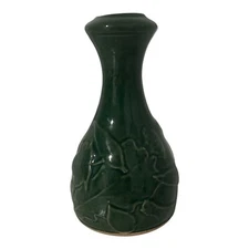 Vintage Rowe Pottery Works Green Maple Leaves Stoneware Vase 6" 3D Design