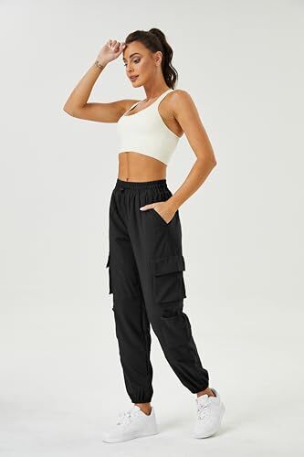 Womens Parachute Cargo Pants with Pockets Quick Dry Hiking Pants Medium Black - Picture 5 of 7