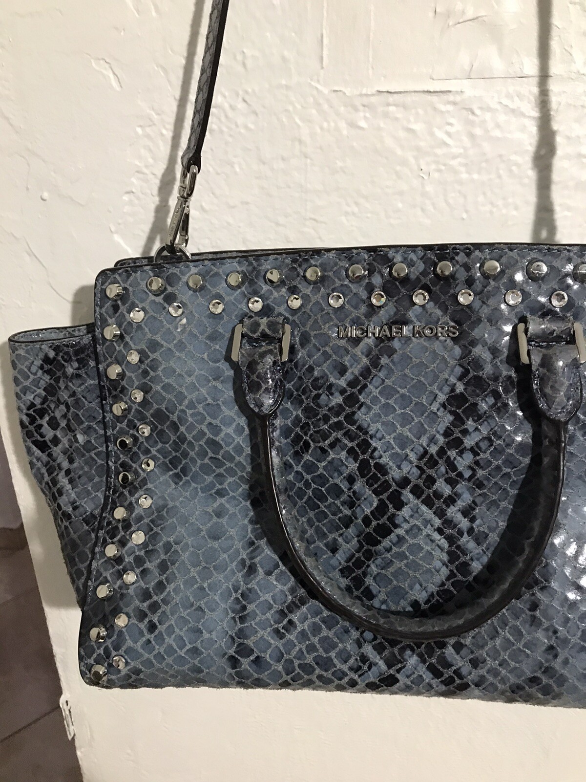 Michael Kors Selma Blue Embossed Python Satchel - image 9