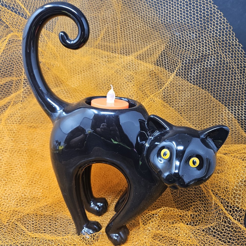 YANKEE CANDLE Halloween Glossy BLACK CAT Tea Light Candle Holder Orange