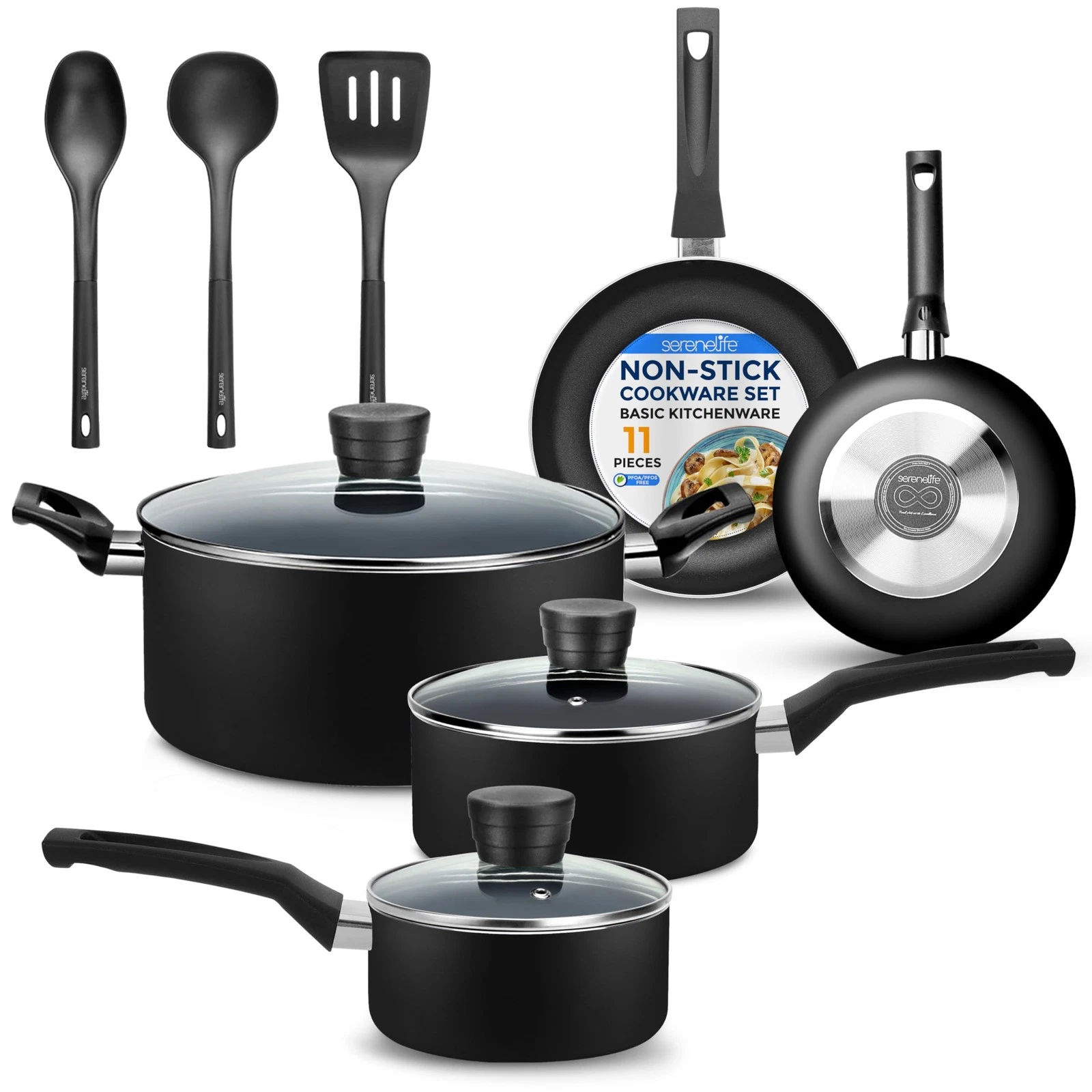 SereneLife Kitchenware Pots & Pans Basic Kitchen Cookware, One Size, Black