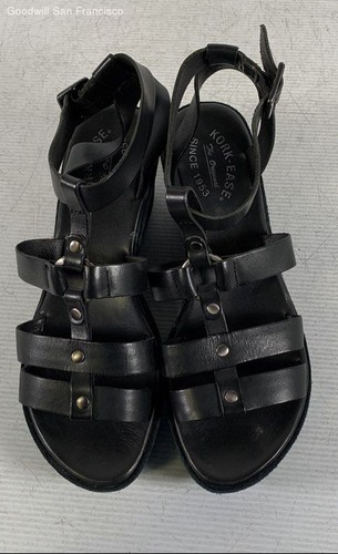 Kork-Ease The Original Black Leather Open Toe Classic Wedge Strappy Womens Heels - Picture 2 of 7