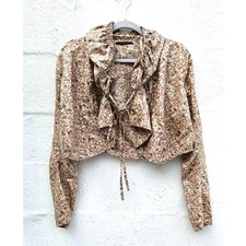 Animale Jacket Womens 8 Tan Liberty Print Floral Hooded Cropped Raincoat Boho 