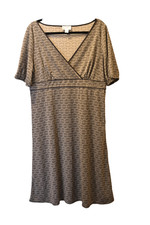 Ann Taylor LOFT Black Beige Geometric Knit V-Neck Short Sleeve Knee Dress 16 90s