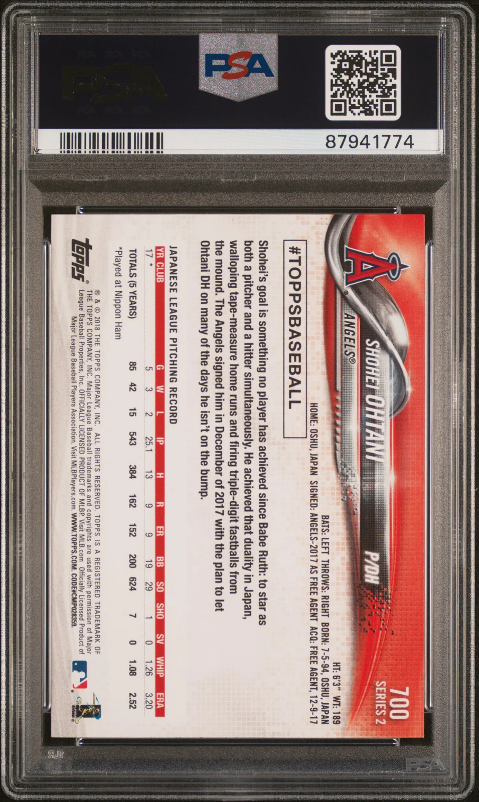 2018 Topps Shohei Ohtani #700 PSA 9 view 2