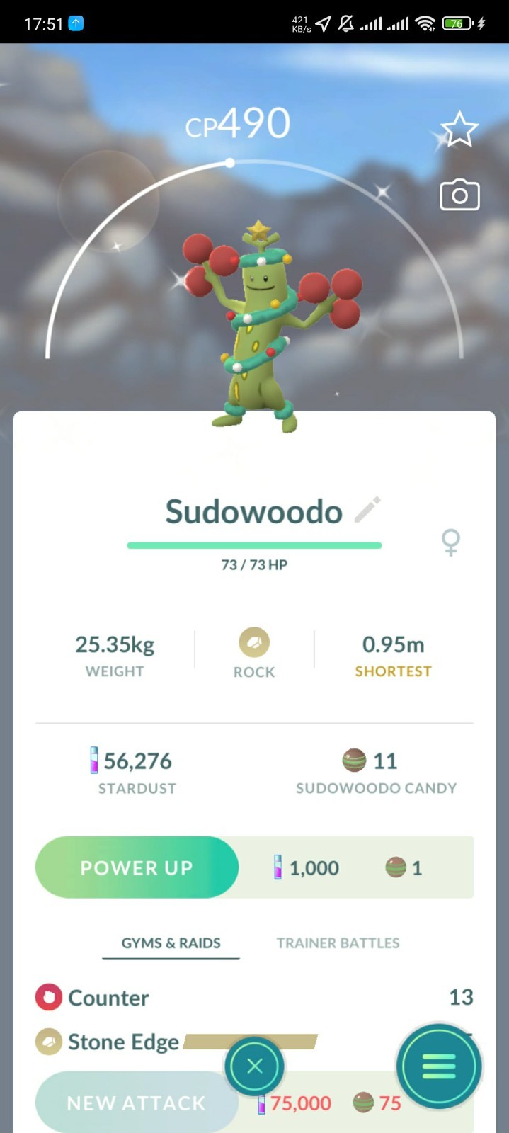 Shiny Sudowoodo Wearing Winter Attire - 20k Star.d - mini P T C