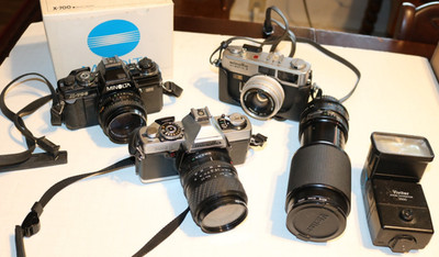 3 Minolta cameras, XG1, Hi Matic E, X-700, Vivitar Macro  zoom lens & Flash, UV