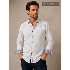 Robert Graham Men’s L White Pinstripe Button  Shirt Embroidered Script Cotton