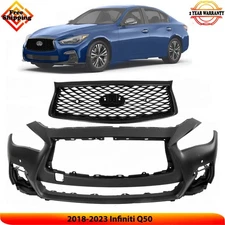 Front Bumper Cover Paintable & Grille Assembly Kit For 2018-2023 Infiniti Q50