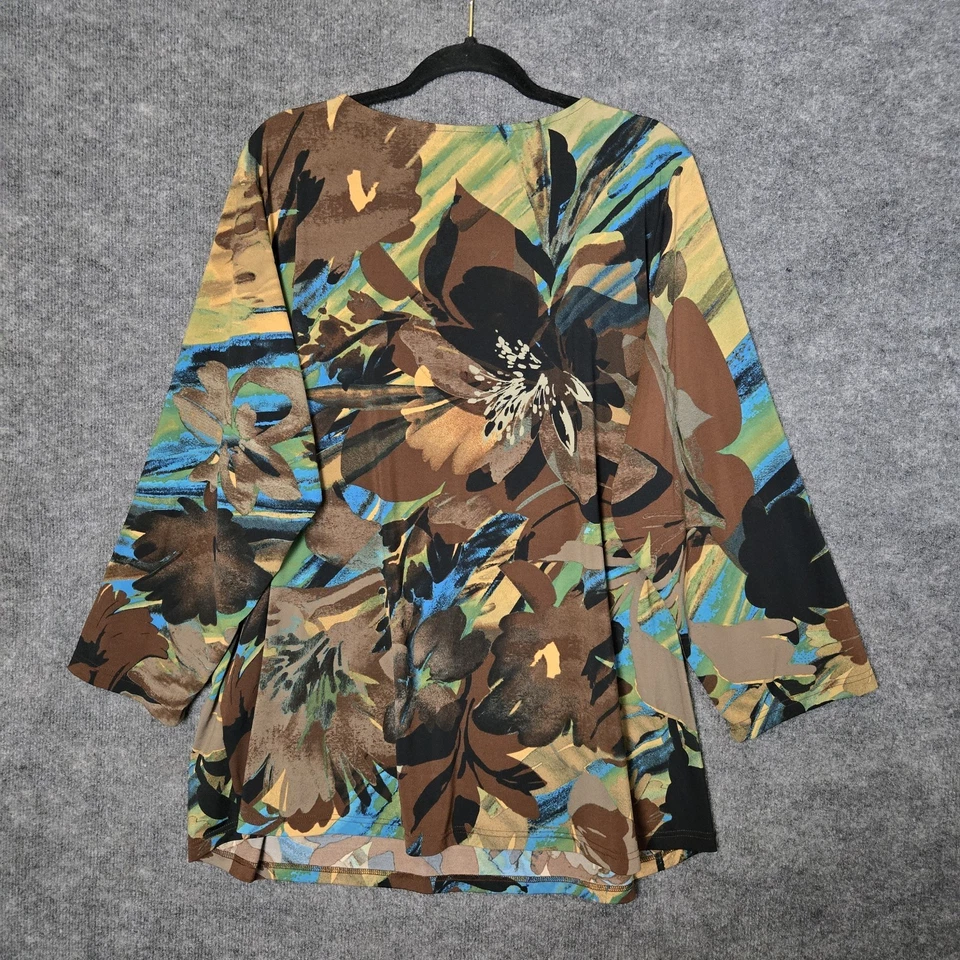 Bob Mackie Top Mujer 3X Marrón Azul Tropical Jersey Tejido Túnica Artística Foto 4 de 4