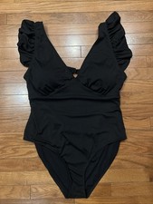 Plus Size Black Ribbed One Piece Swimsuit 4XL Ruffles Cutout Back Bathing Suit