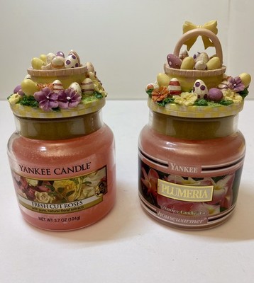 2 Yankee Candle 3.7 oz ~ Plumeria ~ Fresh Roses ~ Easter Eggs Topper Rare *READ