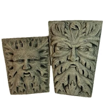 Green Man Stone Plaques – Set of 2 – Leaf Face Carvings – Garden or Wall Decor