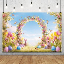 Easter Backdrop Photo Garden Blue Sky Bunny Eggs Flower Background Party Decor