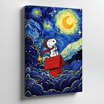 Snoopy And Woodstock Flying Over Doghouse Starry Night Sky Canvas Wall Art Print