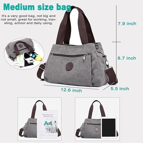 DOURR Hobo Handbags Canvas Crossbody Bag for Women, Multi Compartment Tote Purse - Picture 6 of 7