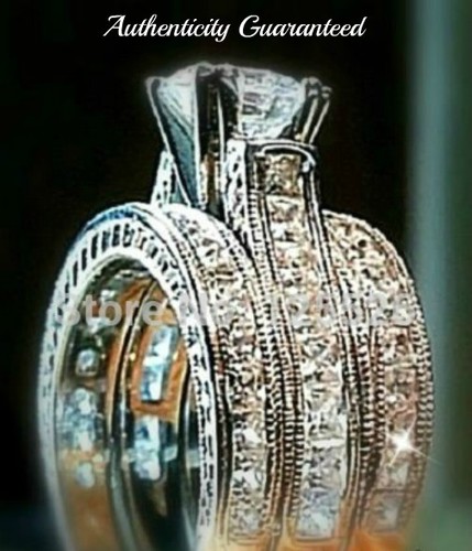 Wedding Set 14K White Gold Princess Cut Created Diamond Bridal Engagement Rings - Picture 7 of 9