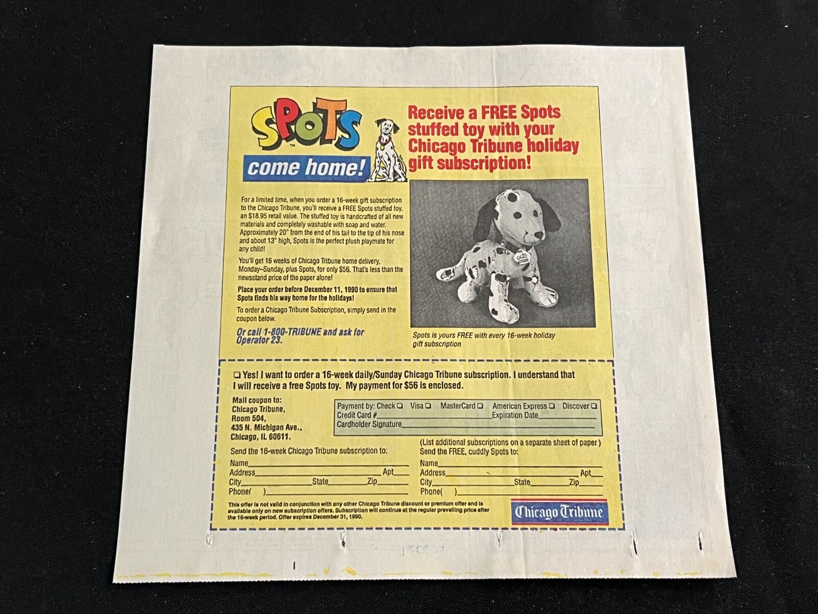 Chicago Tribune Gift Subscription Stuffed SPOTS DALMATIAN Promo 1990-image