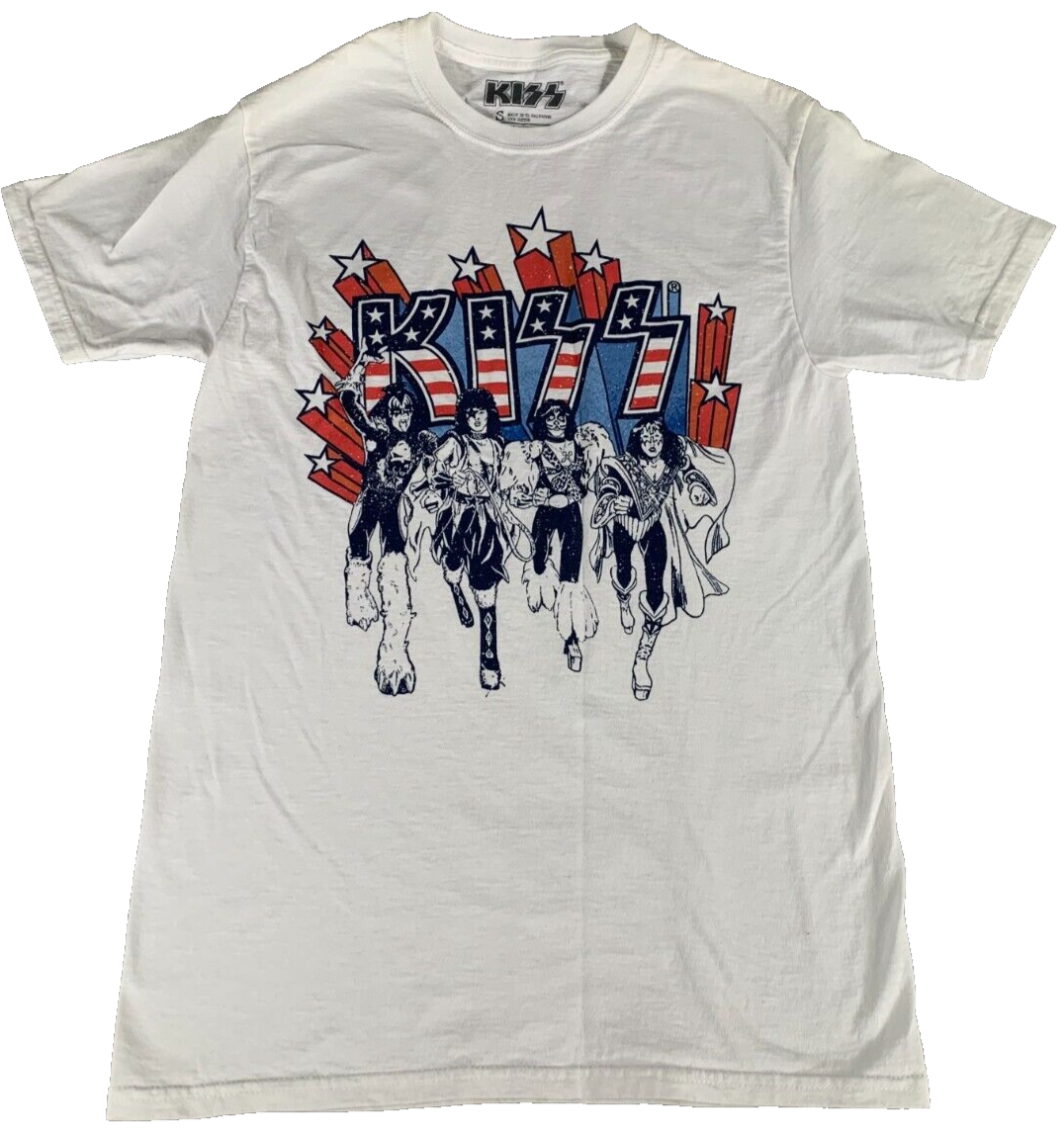 KISS Men's Retro Distressed Graphic T-Shirt Small White Rock Band Tee