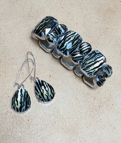 Zebra Bracelet Earrings set Black and White Classic Stretch Bracelet Dangle Ear - Picture 4 of 5