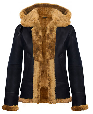 Womens Hooded Sheepskin Jacket B3 Flying Leather RAF Aviator Pilot Brown Ginger