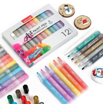 ZEYAR Acrylic Paint Markers - Dual Tip, 12 Colors, Water-Resistant Ink