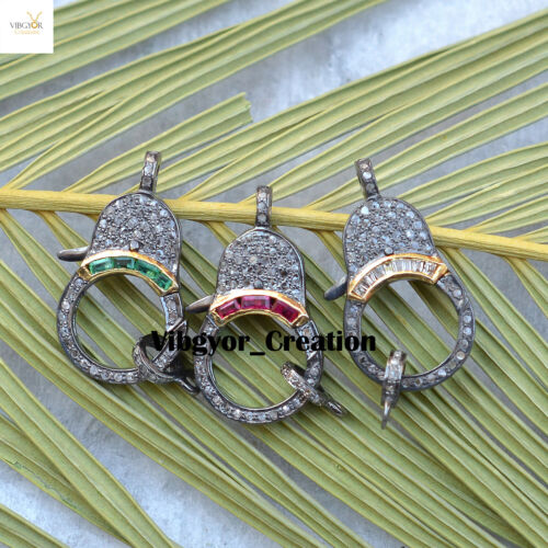 Pave Diamond Lobster Clasp Lock Baguette Gemstone Finding 925 Silver Accessories - Picture 2 of 9
