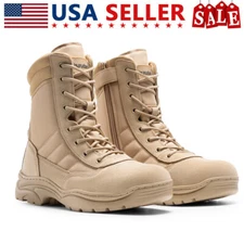 Men's Military Tactical Work Boots Side Zipper Leather Motorcycle Combat Boots
