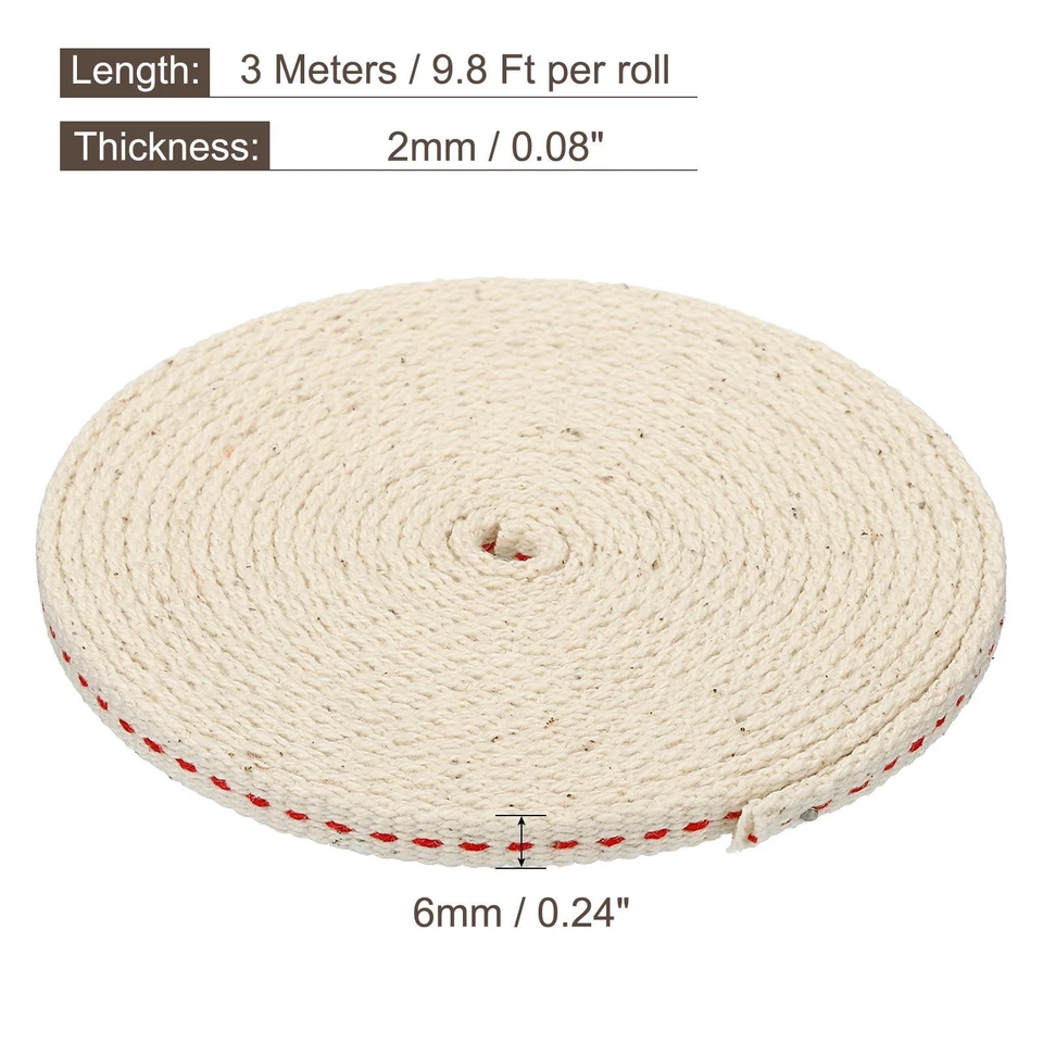 Algodón Aceite Lámpara Mecha 6mm Plano Ancho 3 Metros con Roja Puntada - Imagen 2 de 4