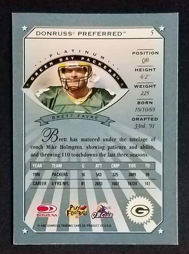 1997 Donruss Preferred #5 Brett Favre Platinum Green Bay Packers (HOF) NR-MINT++ - Picture 2 of 2