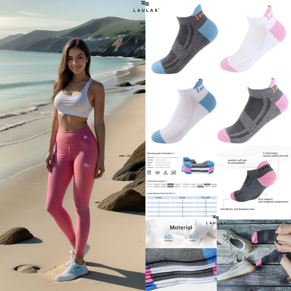 4 pares de calcetines deportivos acolchados con soporte para el arco para mujer Reino Unido 3-7