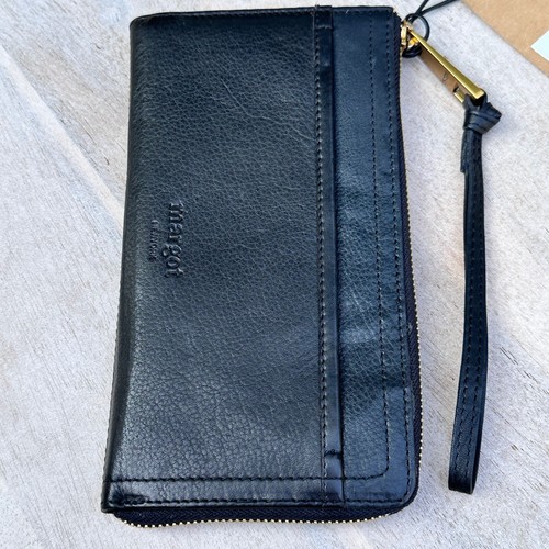 Margot New York Anthropologie Leather 3/4 Zip Wallet Black Wristlet Strap New