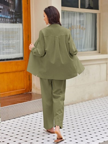 Zeagoo Women Linen Suit Two Piece Outfits Summer Beach Small, Army Green - Picture 4 of 5