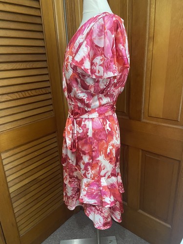Neu ohne Etikett Nicole Miller Blumen Satin Faux Wickelkleid 10 L Flatterärmel V-Ausschnitt - Bild 5 von 14
