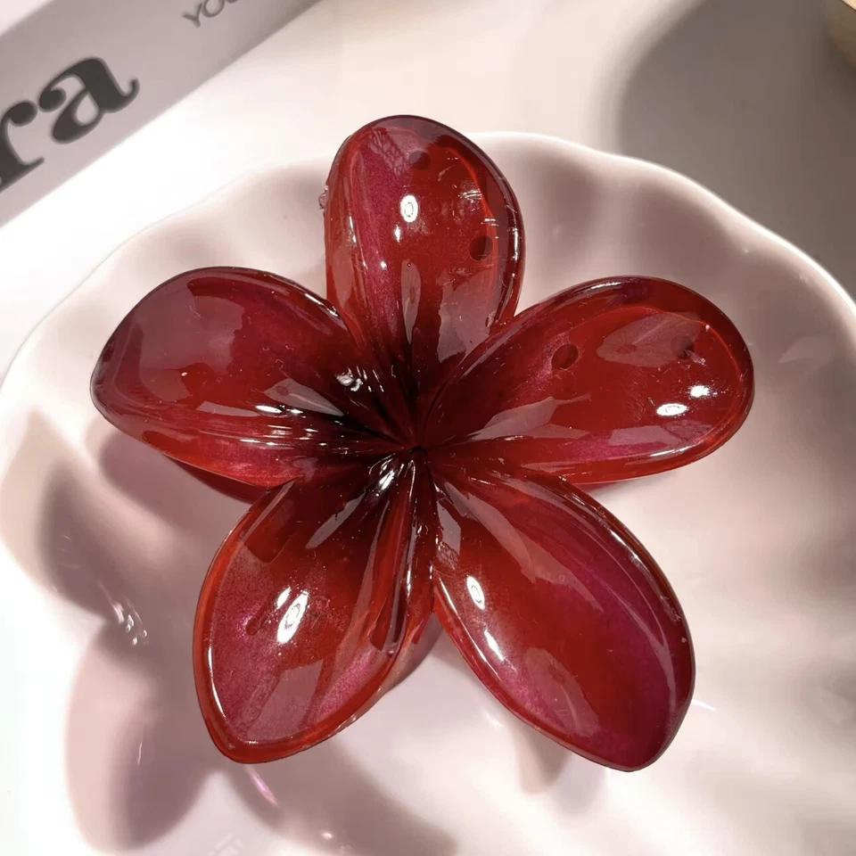 Clip de garra de pelo degradado vino tinto plumeria Frangipani elegante pasador de flores Foto 2 de 4