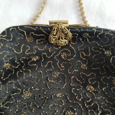 Vintage schwarz gold filigran Tasche Handtasche Top Kette filigran Druckknopfverschluss gefüttert